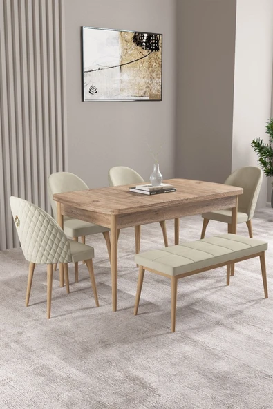 Milas Atlantik Çam 80x132 Açılabilir Mdf Masa Yemek Odası Takımı, Mutfak Takımı 4 Sandalye, 1 Bench Krem