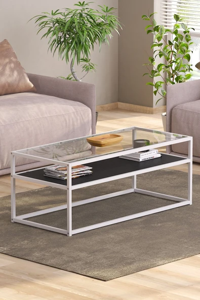 TOLIAHOME Modern Siyah-Beyaz Renk Metal İskeletli Temper Camlı 2 Katlı Dikdörtgen Orta Sehpa - 2