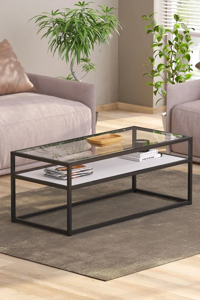 TOLIAHOME Modern Beyaz-Siyah Renk Metal İskeletli Temper Camlı 2 Katlı Dikdörtgen Orta Sehpa - 2