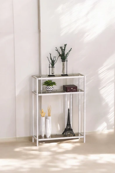 TOLIAHOME Beyaz Renk Temper Camlı Dresuar Konsol Komodin Çiçeklik Saksılık - 3