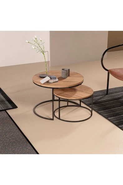 Devin Dekor Mobilya Orta Sehpa Ikili Lüx Specıal Ceviz-siyah Demir