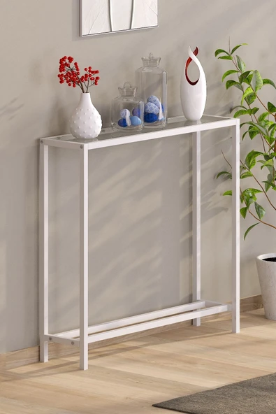 TOLIAHOME Modern Beyaz Renk Metal İskeletli Temper Camlı Raflı Dresuar Konsol - 2