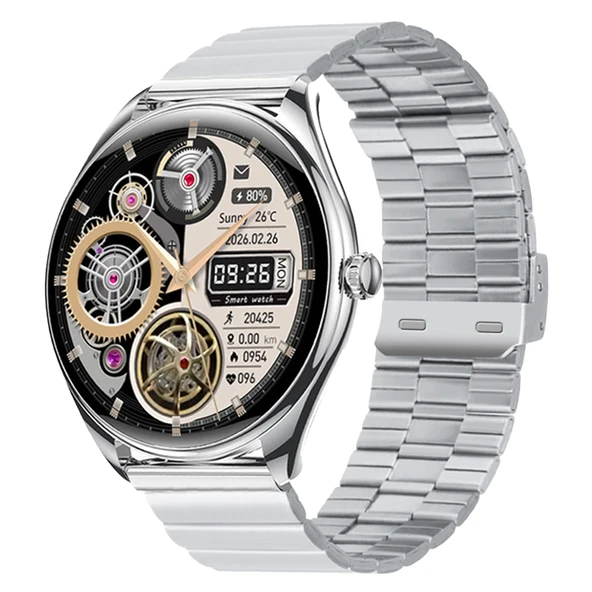 Ultra Thin Akıllı Saat Yuvarlak Çelik Kasa Metal Kordon Gümüş - 5