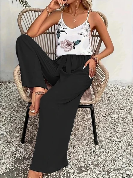 Kadın Ip Askılı V Yakalı Süprem Bluz Ve Aerobin Pantolon Ikili Takım - Resim 2