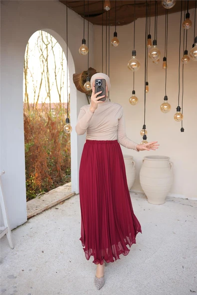 Pliseli Etek - (38-46) - 71262 - Bordo - Resim 6