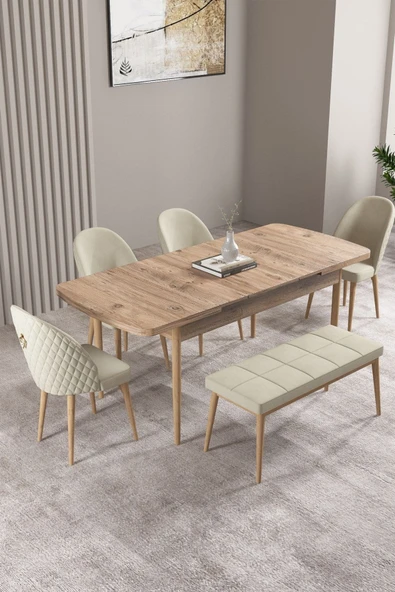 Milas Atlantik Çam 80x132 Açılabilir Mdf Masa Yemek Odası Takımı, Mutfak Takımı 4 Sandalye, 1 Bench Krem - 2