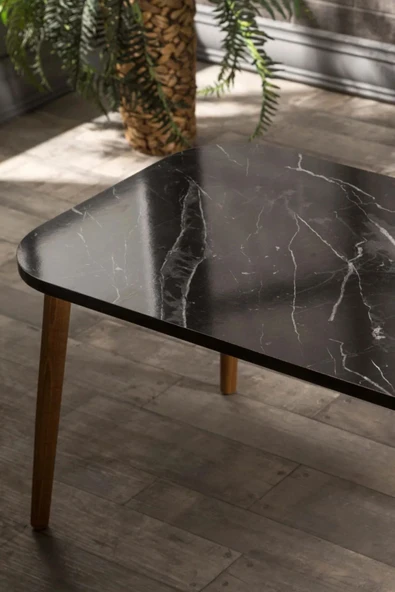 Devin Dekor Mobilya Orta Sehpa Kare Ahşap Torna Ayak Bendir Siyah-mermer Desenli - 2