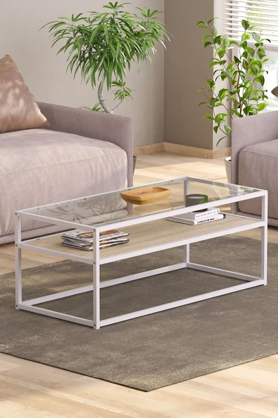 TOLIAHOME Modern Endülüs Beyaz Renk Metal Iskeletli Temper Camlı 2 Katlı Dikdörtgen Orta Sehpa