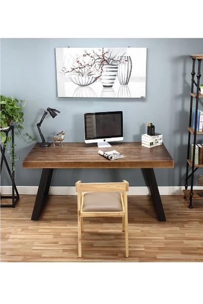 Plus aksesuar Ahşap Masif Ağaç Doğal Çalışma Masası Demir Iskelet Ofis Masası - 5