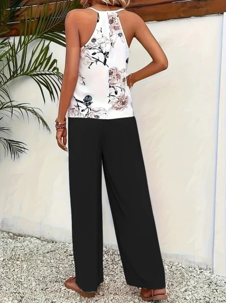 Kadın Ip Askılı V Yakalı Süprem Bluz Ve Aerobin Pantolon Ikili Takım - Resim 3