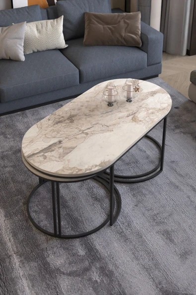 Devin Dekor Mobilya ORTA SEHPA ZİGON SEHPA YAN SEHPA 3 LÜ SET DOLUNAY EFES MERMER DESENLİ - 2