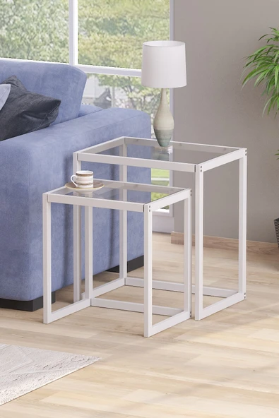 TOLIAHOME Modern Beyaz Renk Metal İskeletli Temper Camlı Zigon Sehpa Yan Sehpa