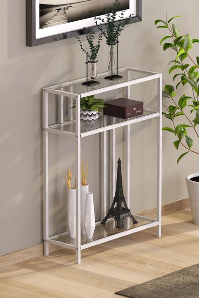 TOLIAHOME Beyaz Renk Temper Camlı Dresuar Konsol Komodin Çiçeklik Saksılık - 2