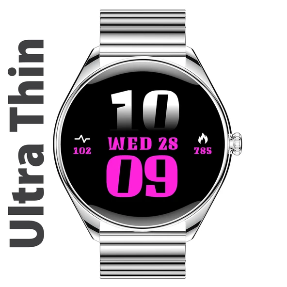 Ultra Thin Akıllı Saat Yuvarlak Çelik Kasa Metal Kordon Gümüş