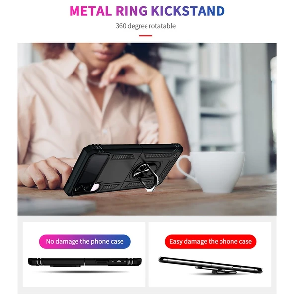 Samsung Galaxy Z Flip 3 Uyumlu Kamera Korumalı Standlı Yüzüklü Tank Kılıf - Resim 2