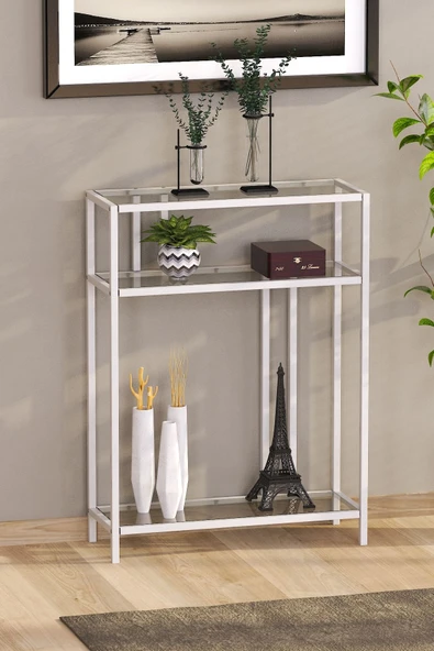 TOLIAHOME Beyaz Renk Temper Camlı Dresuar Konsol Komodin Çiçeklik Saksılık