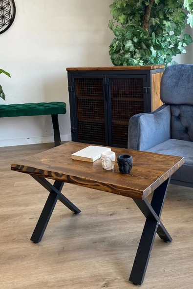 TOLIAHOME Masif Ahşap Ceviz Renk Natürel Sehpa Doğal Metal Ayaklı Orta Sehpa ürün görseli 1