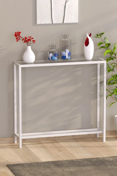 TOLIAHOME Modern Beyaz Renk Metal İskeletli Temper Camlı Raflı Dresuar Konsol