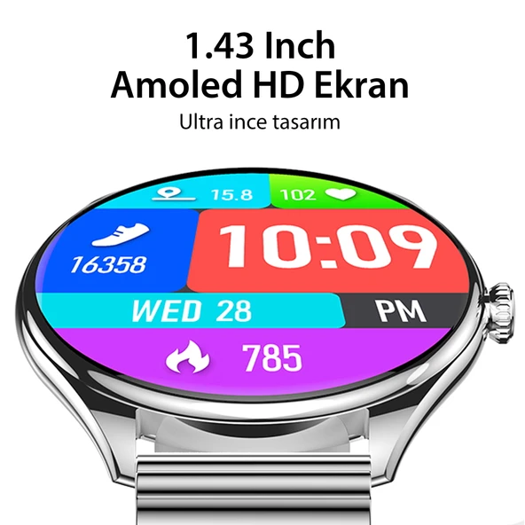 Ultra Thin Akıllı Saat Yuvarlak Çelik Kasa Metal Kordon Gümüş - 3