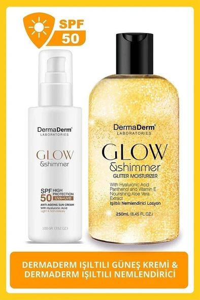 Dermaderm Altın Tozu Etkili Işıltılı Nemlendirici Losyon 250 Ml. ve Spf 50+ Glow Shimmer Altın Tozu Etkili Nemlendirici Işıltılı Güneş Kremi 100 Ml.