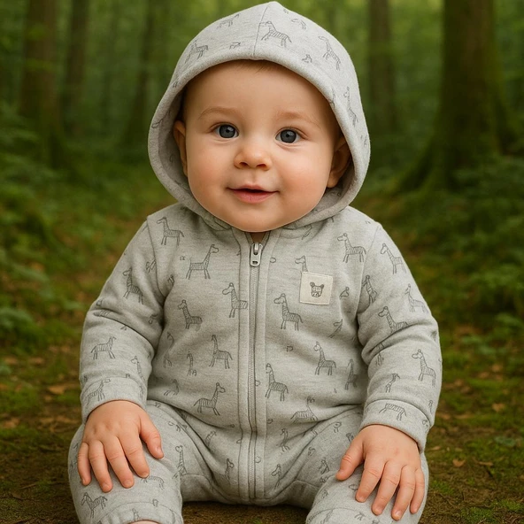 Bebek Uzun Kollu Şapkalı Tulum %100 Organik Pamuk - Yenidoğan - Csy8033 - 5