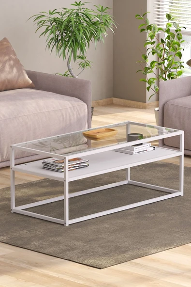 TOLIAHOME Modern Beyaz Renk Metal İskeletli Temper Camlı 2 Katlı Dikdörtgen Orta Sehpa