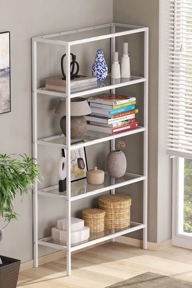 TOLIAHOME Modern 5 Katlı Beyaz Renk Metal İskeletli Cam Raflı Aksesuar Rafı Kitaplık - 2