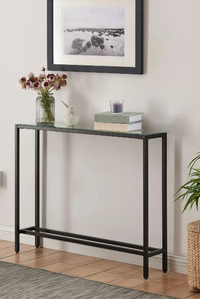 TOLIAHOME Modern Siyah Renk Metal İskeletli Temper Camlı Raflı Dresuar Konsol - 2