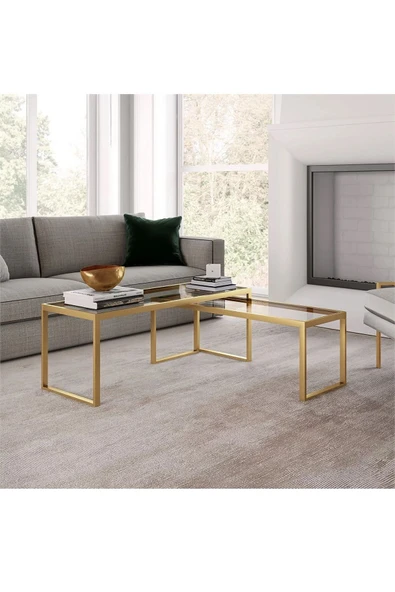 TOLIAHOME Modern Gold Renk 2’li Metal İskeletli Temper Camlı Zigon Orta Sehpa - 4