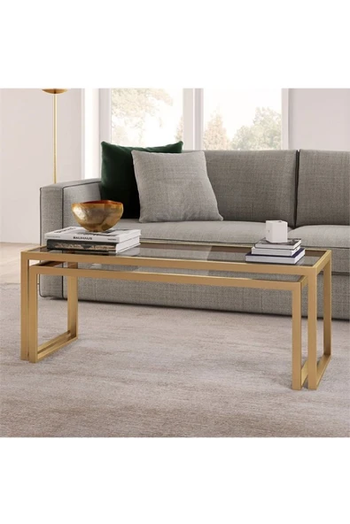 TOLIAHOME Modern Gold Renk 2’li Metal İskeletli Temper Camlı Zigon Orta Sehpa - 3