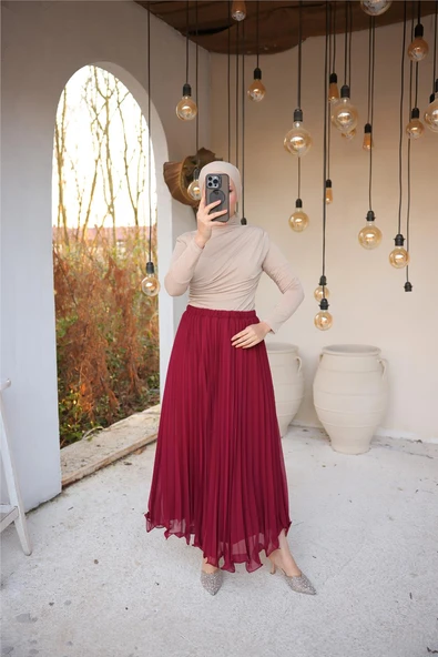 Pliseli Etek - (38-46) - 71262 - Bordo - Resim 5