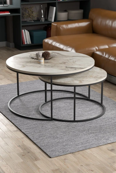 Devin Dekor Mobilya Devin Dekor Orta Sehpa Ikili Lüx Specıal Efes-Mermer Desenli-Siyah Demir - Resim 2