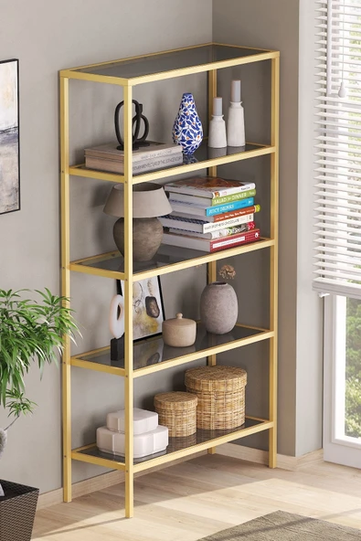 TOLIAHOME Modern 5 Katlı Gold Renk Metal İskeletli Füme Cam Raflı Aksesuar Rafı Kitaplık - 2