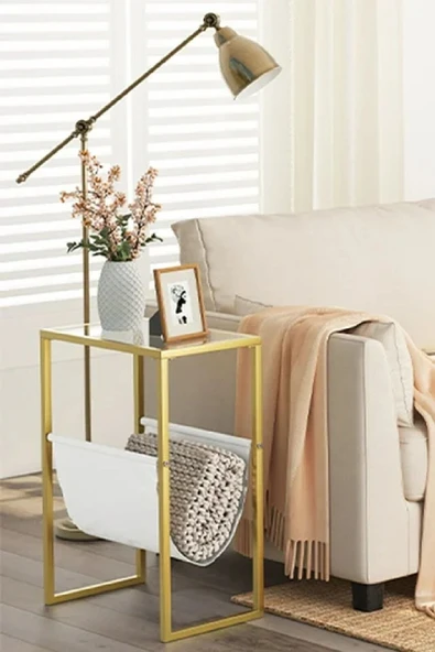 TOLIAHOME Gold Renk Temperli Cam Gazetelik Dergilik Yan Sehpa Koltuk Sehpası Servis Sehpası - Resim 3