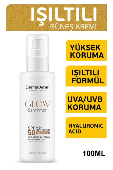 Dermaderm Altın Tozu Etkili Işıltılı Nemlendirici Losyon 250 Ml. ve Spf 50+ Glow Shimmer Altın Tozu Etkili Nemlendirici Işıltılı Güneş Kremi 100 Ml. - 5