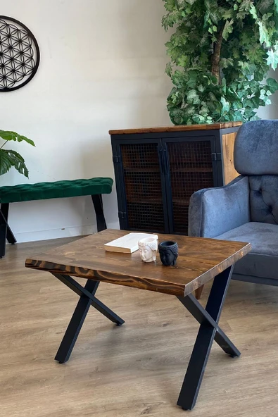 TOLIAHOME Masif Ahşap Ceviz Renk Natürel Sehpa Doğal Metal Ayaklı Orta Sehpa - Resim 2