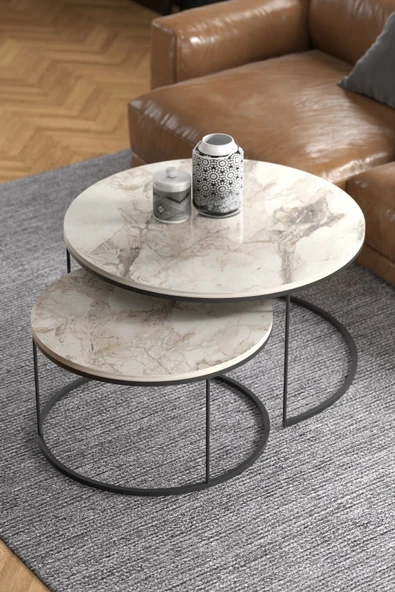 Devin Dekor Mobilya Devin Dekor Orta Sehpa Ikili Lüx Specıal Efes-Mermer Desenli-Siyah Demir ürün görseli 1