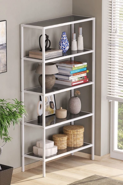 TOLIAHOME Modern 5 Katlı Beyaz Renk Metal İskeletli Füme Cam Raflı Aksesuar Rafı Kitaplık - 2