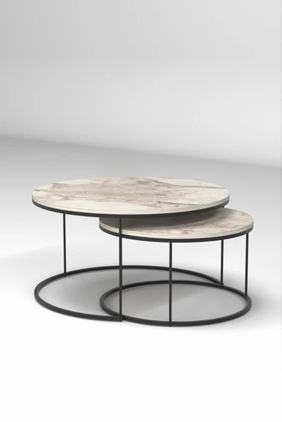 Devin Dekor Mobilya Devin Dekor Orta Sehpa Ikili Lüx Specıal Efes-Mermer Desenli-Siyah Demir - Resim 3