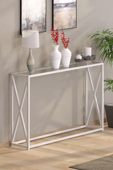 TOLIAHOME Modern Beyaz Renk Metal İskeletli Temper Camlı Raflı Dresuar Konsol - 2