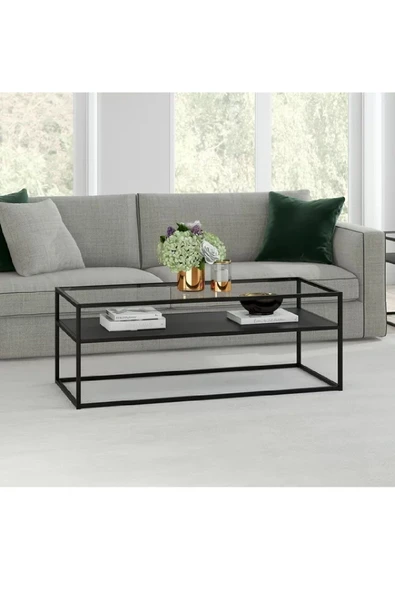 TOLIAHOME Modern Siyah Renk Metal İskeletli Temper Camlı 2 Katlı Dikdörtgen Orta Sehpa - Resim 3