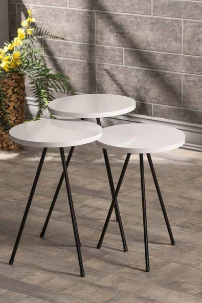 Devin Dekor Mobilya Zigon Sehpa 3 Lü Siyah Metal Ayak Beyaz Tabla ürün görseli 1