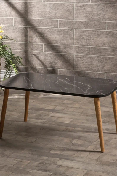 Devin Dekor Mobilya Orta Sehpa Kare Ahşap Torna Ayak Bendir Siyah-mermer Desenli