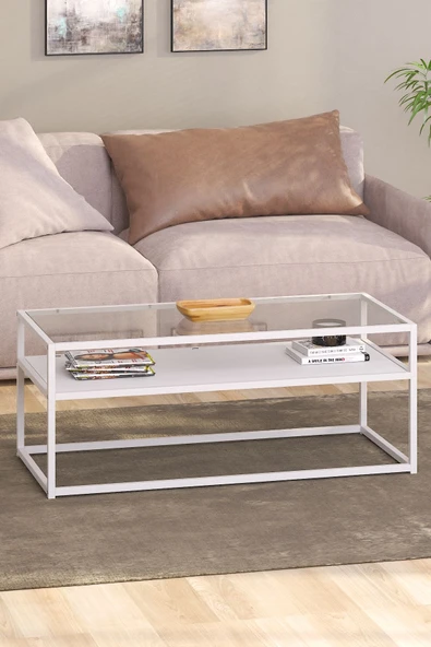 TOLIAHOME Modern Beyaz Renk Metal İskeletli Temper Camlı 2 Katlı Dikdörtgen Orta Sehpa - 2