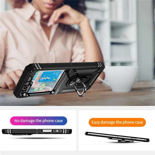 Samsung Galaxy Z Flip 5 Uyumlu Kamera Korumalı Standlı Yüzüklü Tank Kılıf - Resim 5