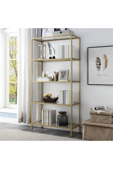 TOLIAHOME Modern 5 Katlı Gold Renk Metal İskeletli Cam Raflı Aksesuar Rafı Kitaplık - 2