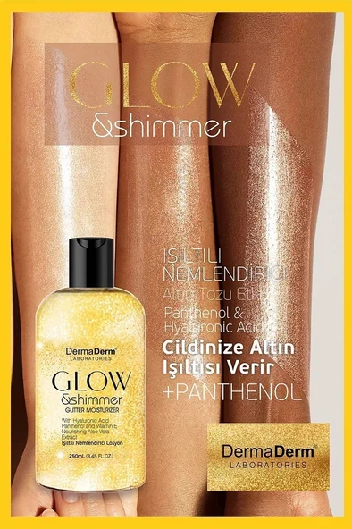 Dermaderm Altın Tozu Etkili Işıltılı Nemlendirici Losyon 250 Ml. ve Spf 50+ Glow Shimmer Altın Tozu Etkili Nemlendirici Işıltılı Güneş Kremi 100 Ml. - 4