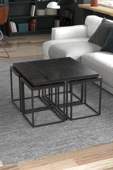 Devin Dekor Mobilya Devin Dekor Orta Sehpa Ve Zigon Sehpa 5'li Lüx Set Bendir-Siyah