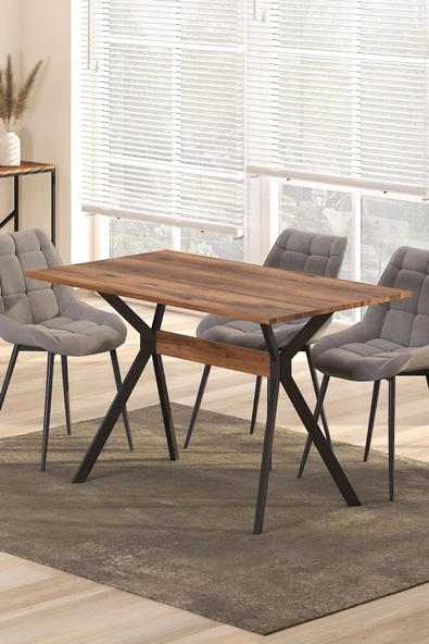 TOLIAHOME Ventora Yemek Masası Ceviz Renk Metal Ayaklı Mutfak Masası Yemek Masası Masa