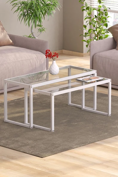 TOLIAHOME Modern Beyaz Renk 2’li Metal Iskeletli Temper Camlı Zigon Orta Sehpa